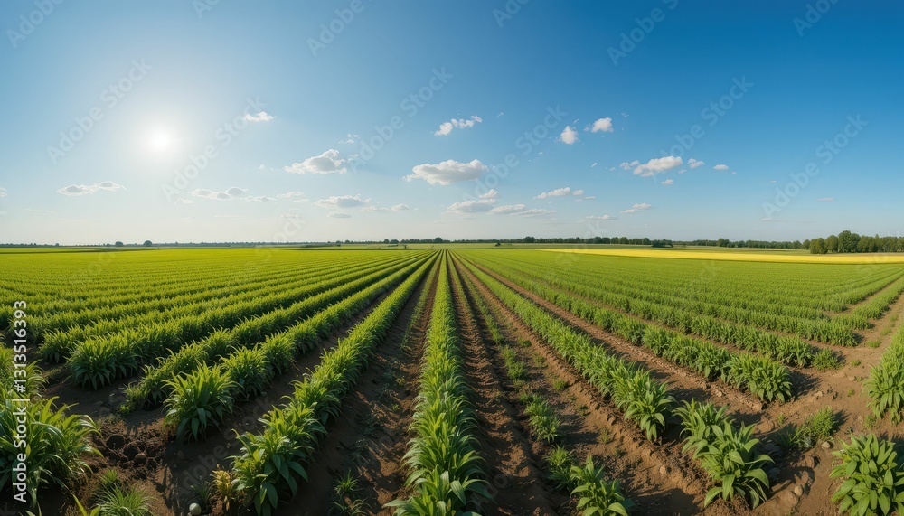 Lush Green Agricultural Fields under Clear Blue Sky at Sunset Lush Green Agricultural Fields under Clear Blue Sky at Sunset