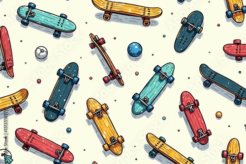 Hand-drawn skateboard illustrations in a seamless pattern layout, Graphic, Background