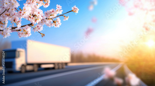 logistics truck drives on highway with cherry blossoms in foreground