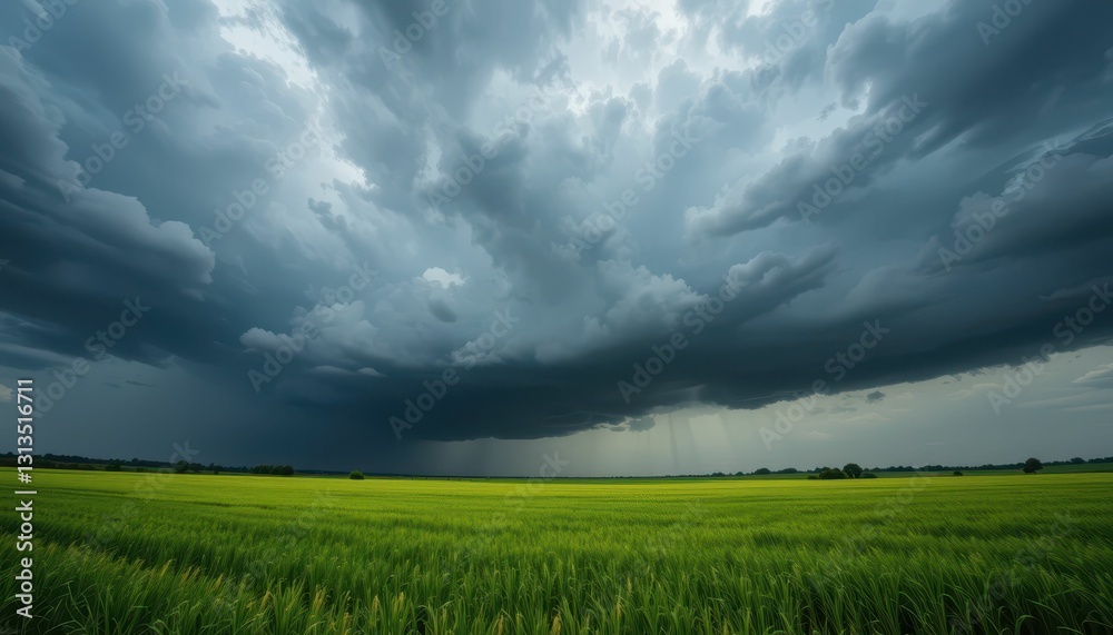 Dramatic Storm Clouds Over Lush Green Field Under Twilight Sky Dramatic Storm Clouds Over Lush Green Field Under Twilight Sky