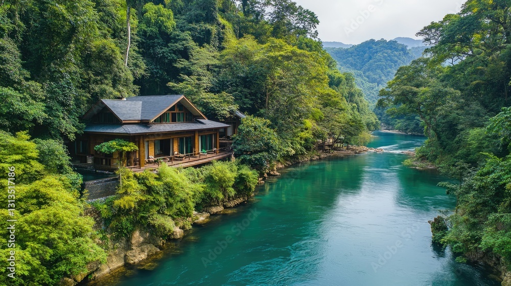 Fototapeta premium Luxury House on a Secluded Island panoramic view of lush forest and mountain river 