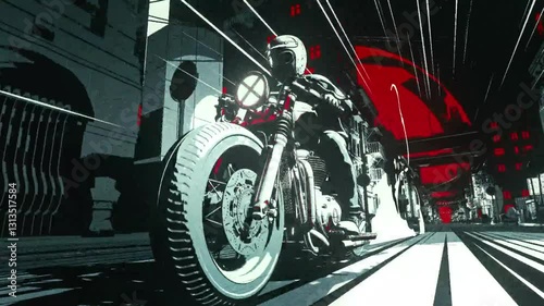 Stylish biker night ride powerful motorcycle urban speed adventure monochrome art graphic design illustration dark city streets bold lines