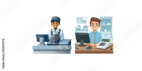 Print  Young smiling man cash register at workplace vector image, isolated on white background