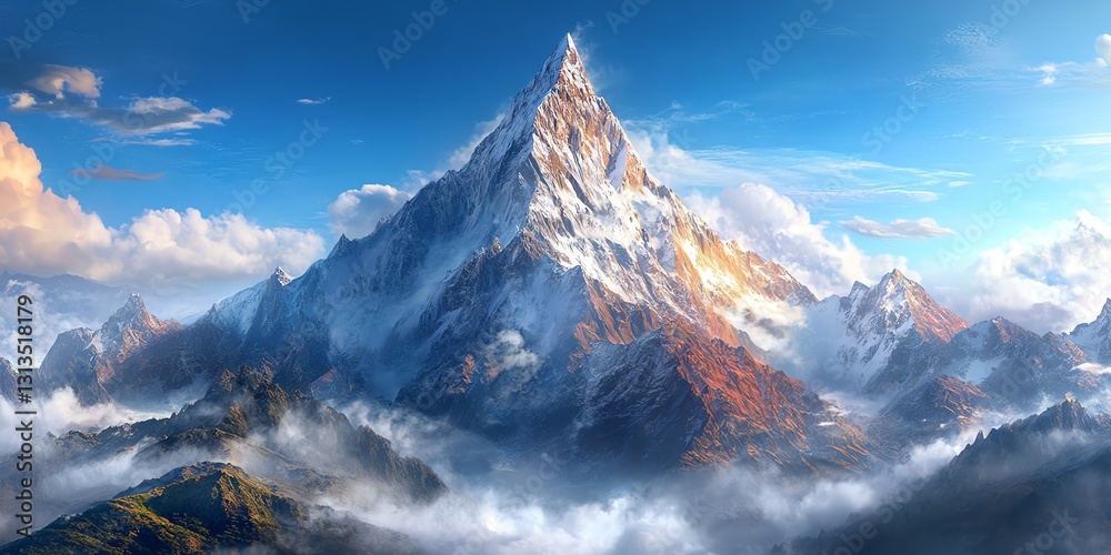 Obraz premium Majestic Snow-Capped Mountain Peaks Under Bright Blue Sky with Clouds