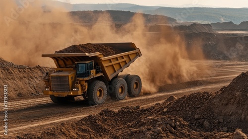 A massive dump truck carrying iron ore through a dusty mining