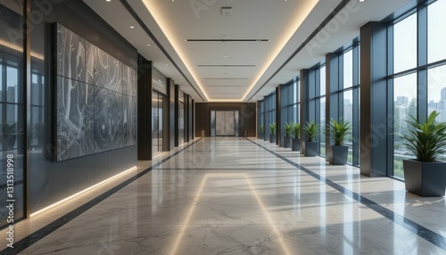 Modern Office Interior with Large Windows and Elegant Décor