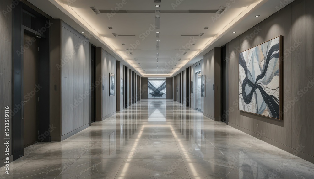Fototapeta premium Modern hallway with sleek design and vibrant artwork displays