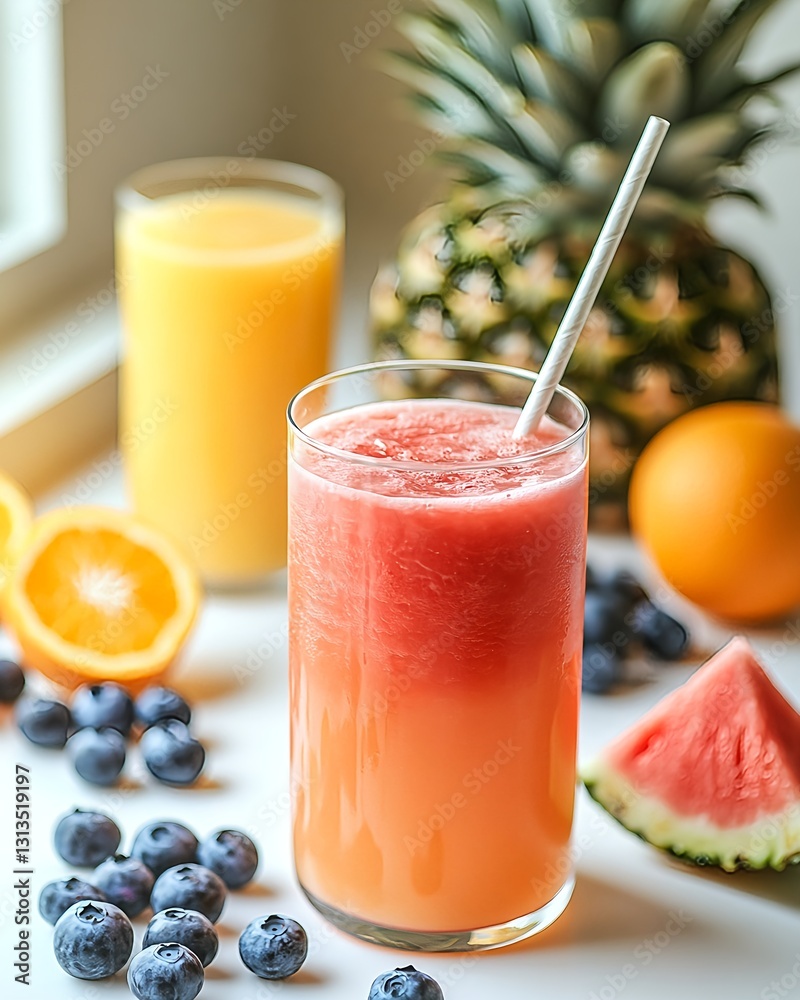 Watermelon and pineapple juice with blueberries, oranges, and a straw on a white background Watermelon and pineapple juice with blueberries, oranges, and a straw on a white background