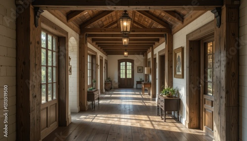 Serene and Rustic Hallway in a Cozy Wooden Home Interior Design