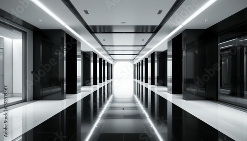 Modern Sleek Corridor with Bright Light at End in Office Building