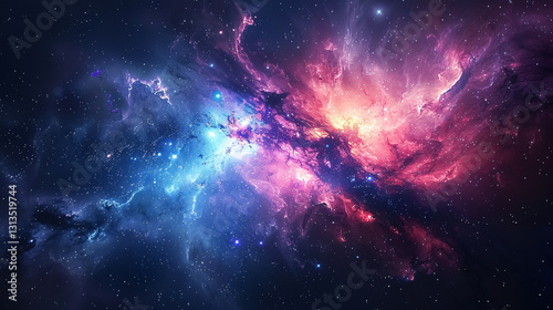 Radiant explosion of blues and reds in a galaxy background  illuminating the vast expanse of the cosmos. Captures the celestial scene s infinite beauty and mystery.