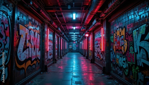 Urban Graffiti Alley with Neon Lights and Vibrant Street Art