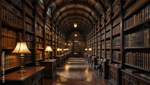 Elegant and Spacious Library Interior with Warm Lighting and Shelves