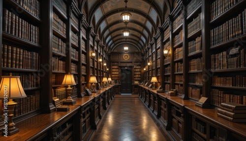 Elegant Library Interior with Wooden Bookshelves and Warm Lighting
