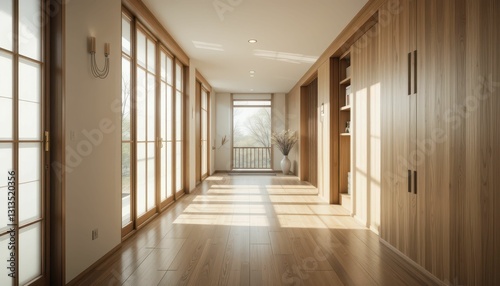 Modern Minimalist Hallway Design with Warm Wooden Finishes