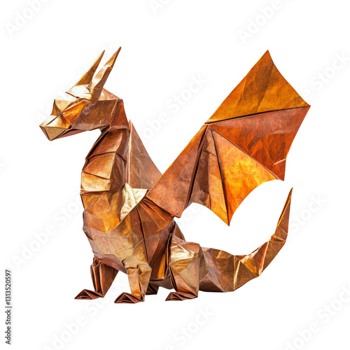 Origami dragon sculpture isolated on transparent background, showcasing craftsmanship