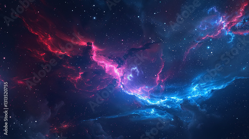 Radiant explosion of blues and reds in a galaxy background, illuminating the vast expanse of the cosmos. Captures the celestial scene's infinite beauty and mystery.