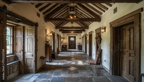 Elegant Rustic Corridor with Wooden Beams and Stone Flooring