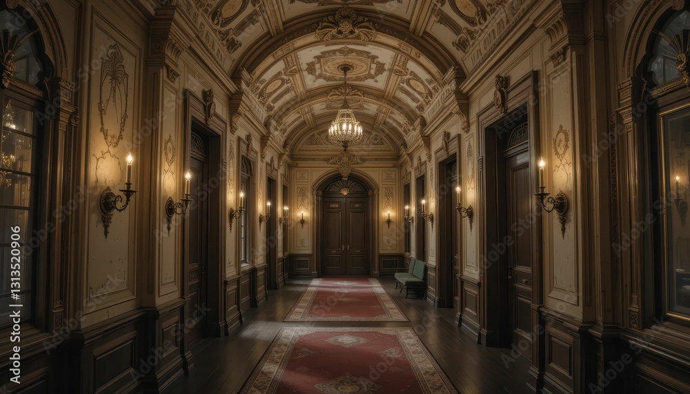 Fototapeta premium Elegant Hallway with Ornate Ceiling and Vintage Aesthetic Charm