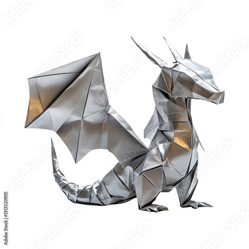 Silver origami dragon model isolated on transparent background