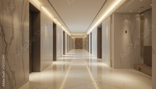 Modern Luxury Hotel Corridor with Elegant Lighting and Marble Design