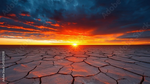 A stunning sunset illuminates a cracked landscape, showcasing vibrant colors against a dramatic sky.