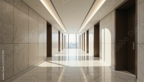 Modern Hallway with Panoramic Windows and Polished Flooring