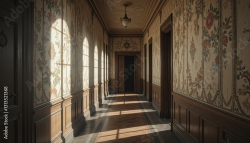 Sunlit Vintage Hallway with Ornate Wallpaper and Wooden Doors