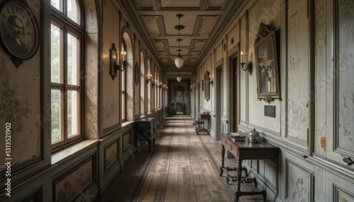 Elegant Vintage Corridor with Wooden Floor and Historic Paintings