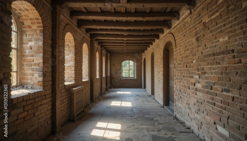Serene Corridor with Arched Windows in Historic Brick Building