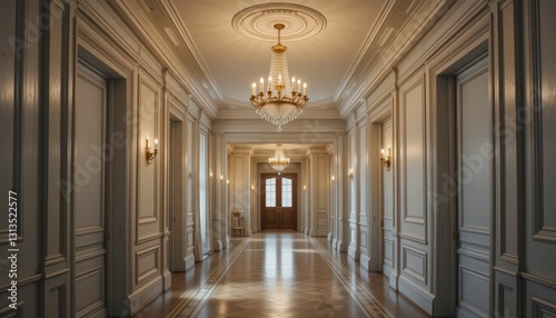 Elegant corridor with chandelier and classic architecture details