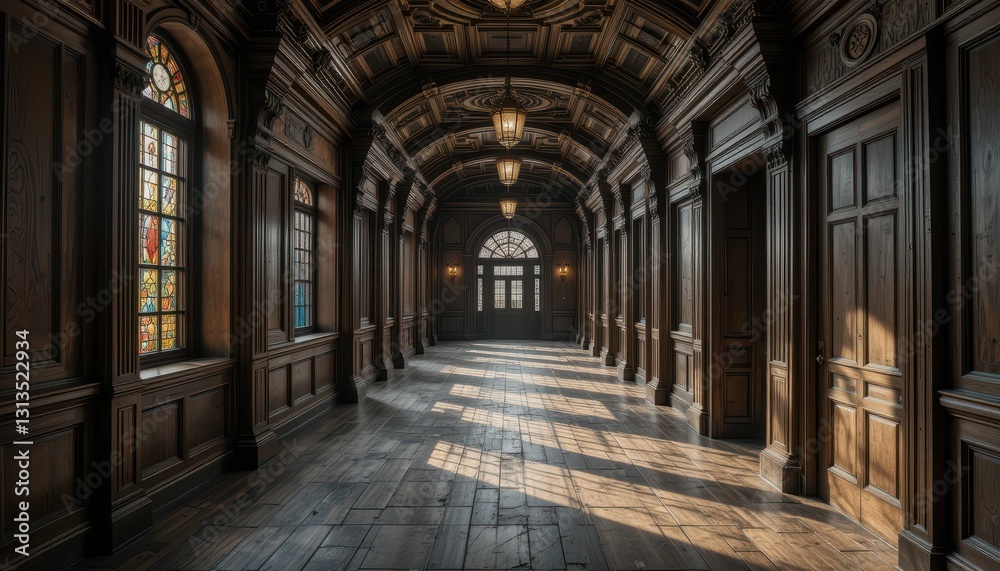 Elegant wooden hallway with ornate architecture and stained glass Elegant wooden hallway with ornate architecture and stained glass