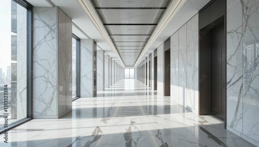 Fototapeta premium Modern Elevator Lobby with Marble Walls and Bright Natural Light