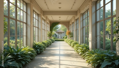 Serene Indoor Garden Pathway with Lush Green Plants and Natural Light