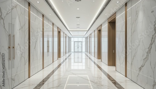Modern Marble Lobby with Elevator Doors and Bright Lighting