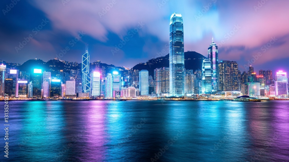 Fototapeta premium Vibrant Night Skyline of Hong Kong with Colorful City Lights