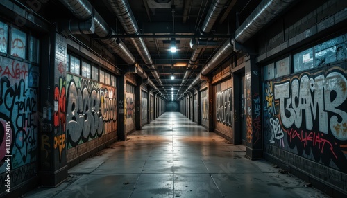 Urban Graffiti Hallway with Vibrant Street Art and Dim Lighting