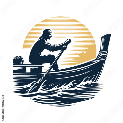 Sailing the Horizon: A solitary figure navigates a traditional rowboat across a vast expanse of water, the setting sun casting a golden glow