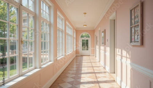 Serene Hallway with Natural Light and Pink Walls in Elegant Setting