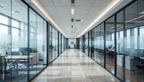 Modern Office Interior with Glass Walls and Bright Ambient Lighting