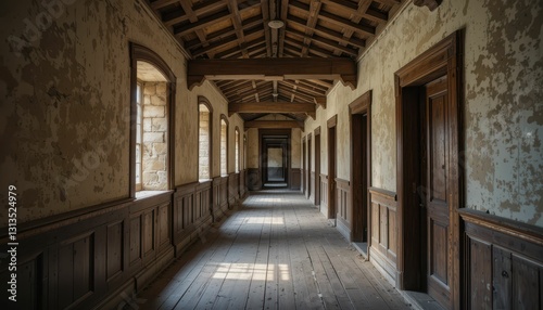 Abandoned Hallway with Rustic Wooden Walls and Natural Light