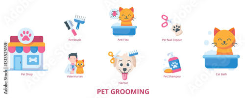 Pet Grooming Flat Banner Web Icon Set Vector Illustration, Pet Shop Brush Haircut Anti Flea Shampoo Bath Nail Clipper Veterinarian 
