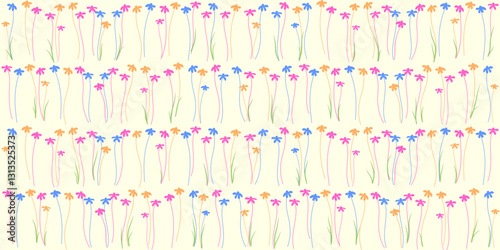 Spring floral regular seamless pattern. Colorful flower in a row repeat on beige background. Cute childish nature design in cartoon flat style