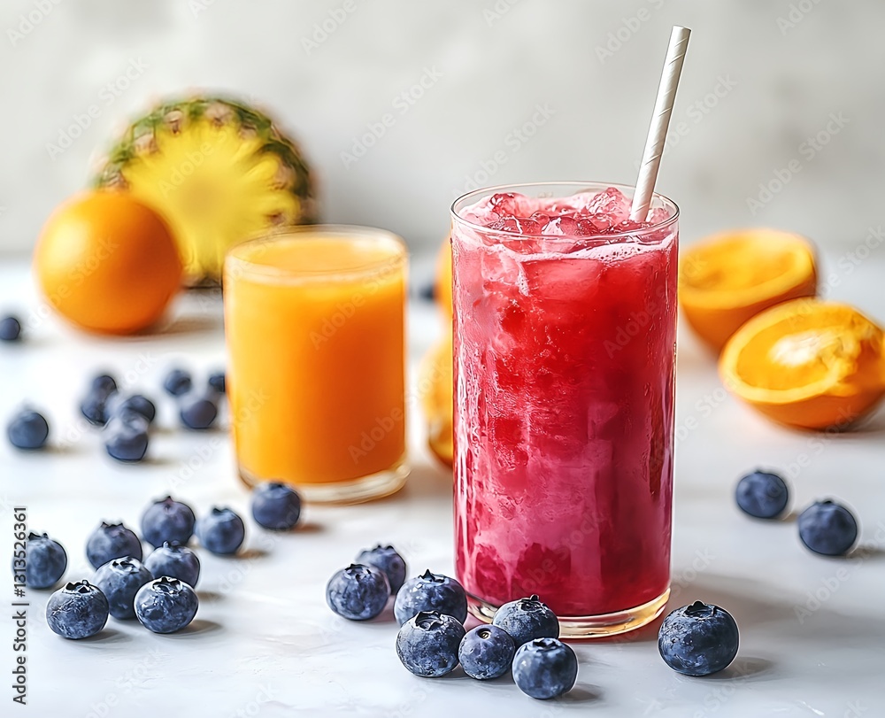 Watermelon and pineapple juice with blueberries, oranges, and a straw on a white background Watermelon and pineapple juice with blueberries, oranges, and a straw on a white background