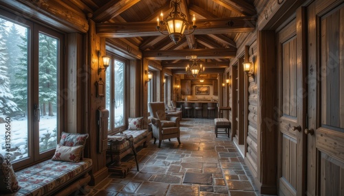 Cozy Wooden Hallway with Warm Lighting and Snowy View Outside