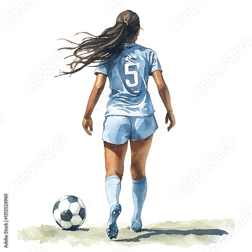 Watercolor Painting of a Female Soccer Player Walking Away from the Camera. A stylish illustration perfect for sports-related projects.