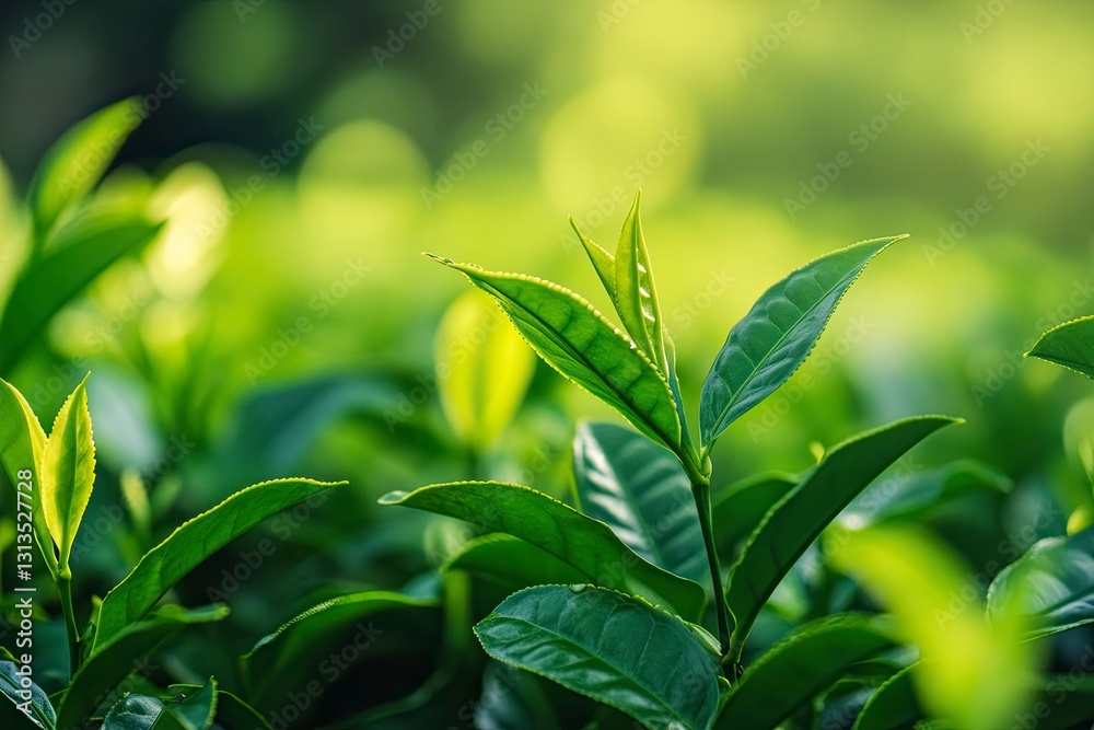 Obraz premium Close-up of fresh tea leaves in a garden, with focus on the green leaves and the blurred background of lush nature and natural surroundings. Tea plantation in Kottayam, Kerala, India.