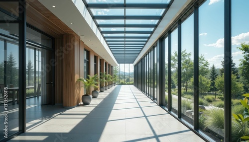 Modern Glass Corridor with Natural Light and Scenic Outdoor View