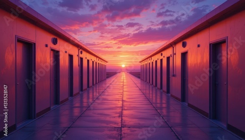 Serene Sunset Over Storage Units with Colorful Sky Reflection
