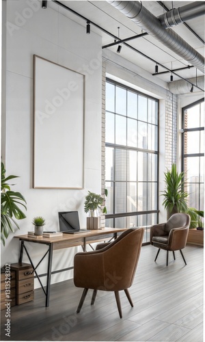 Creative and modern Loft Office Space with City View and Blank Frame
